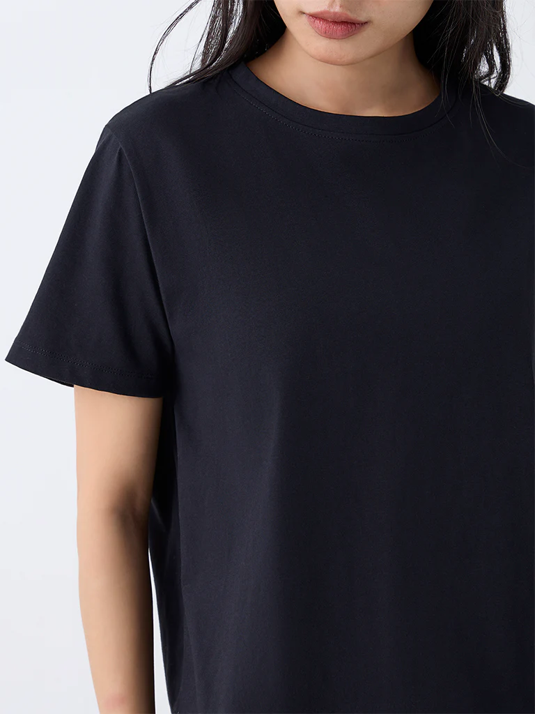LOV Black Solid Cotton T-Shirt - Image 3