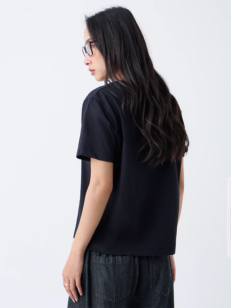 LOV Black Solid Cotton T-Shirt - Image 4