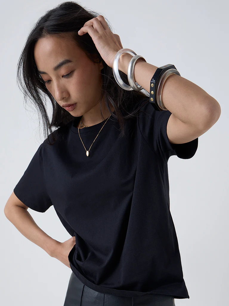 LOV Black Solid Cotton T-Shirt - Image 2