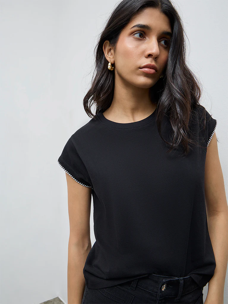 LOV Black Solid Cotton T-Shirt - Image 3