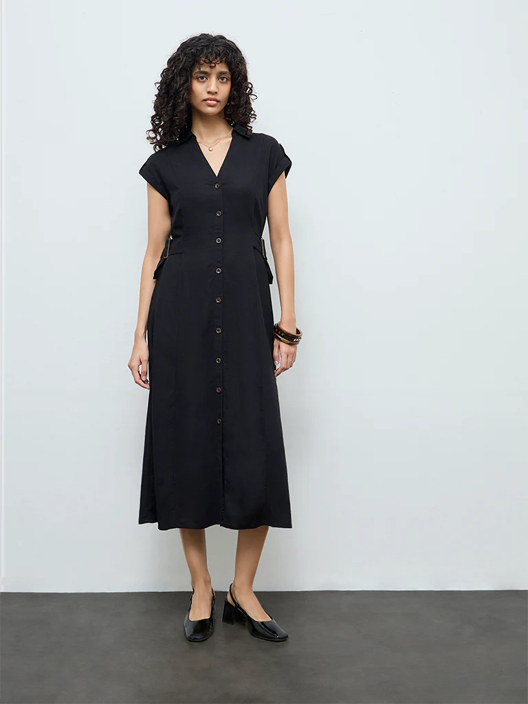 LOV Black Solid Linen-Blend Shirt Dress