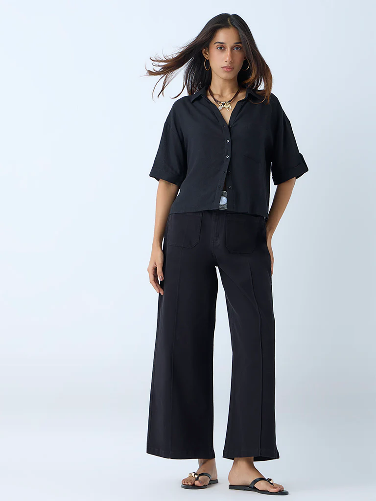 LOV Black Solid Linen Shirt - Image 2