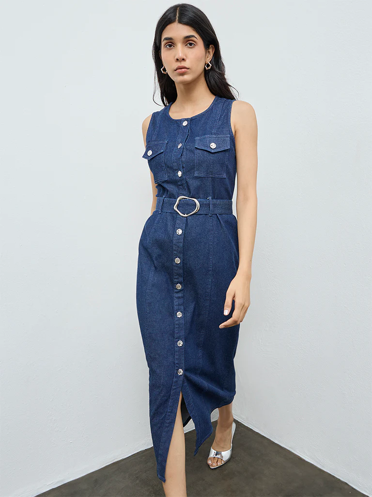 LOV Blue Denim A-Line Dress with Belt