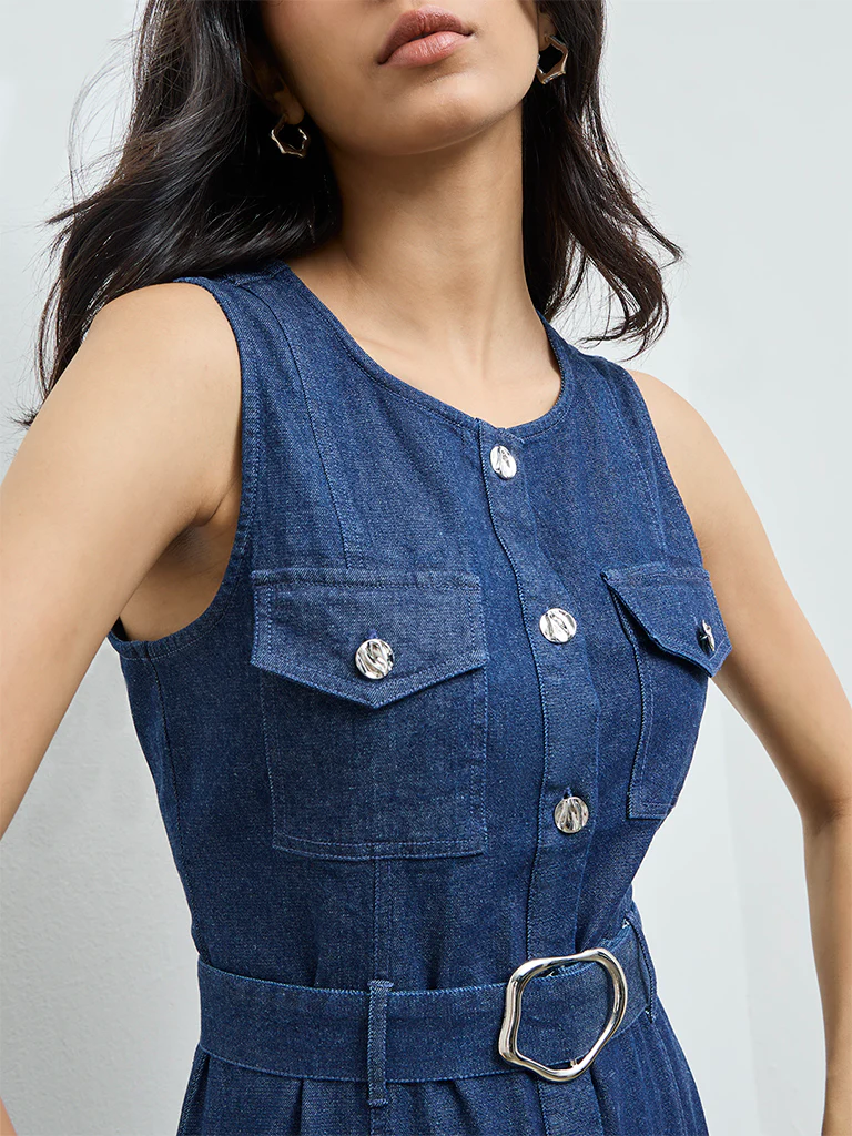 LOV Blue Denim A-Line Dress with Belt - Image 3