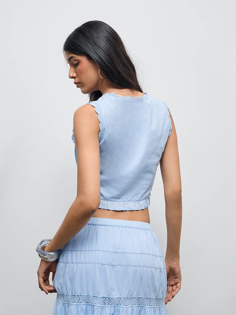 LOV Blue Embroidered Cotton Crop Top - Image 4