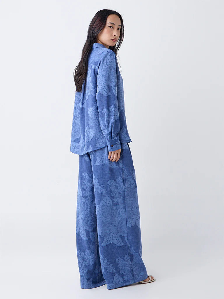 LOV Blue Floral Detailed High-Rise Flared Pants - Image 4
