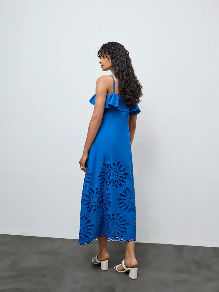 LOV Blue Floral Embroidered A-Line Cotton Dress - Image 4