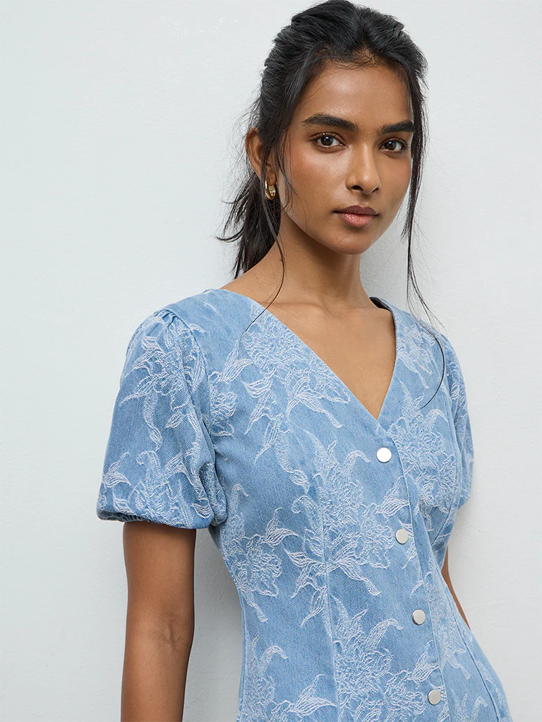 LOV Blue Floral Embroidered A-Line Denim Dress - Image 3