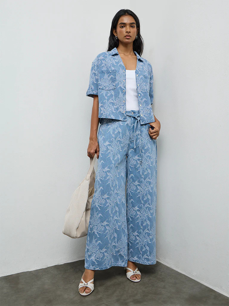 LOV Blue Floral Embroidered Denim Shirt