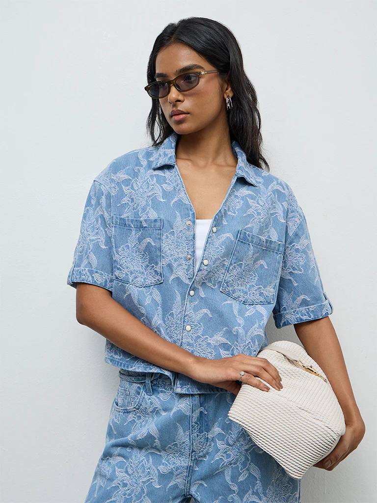 LOV Blue Floral Embroidered Denim Shirt - Image 2