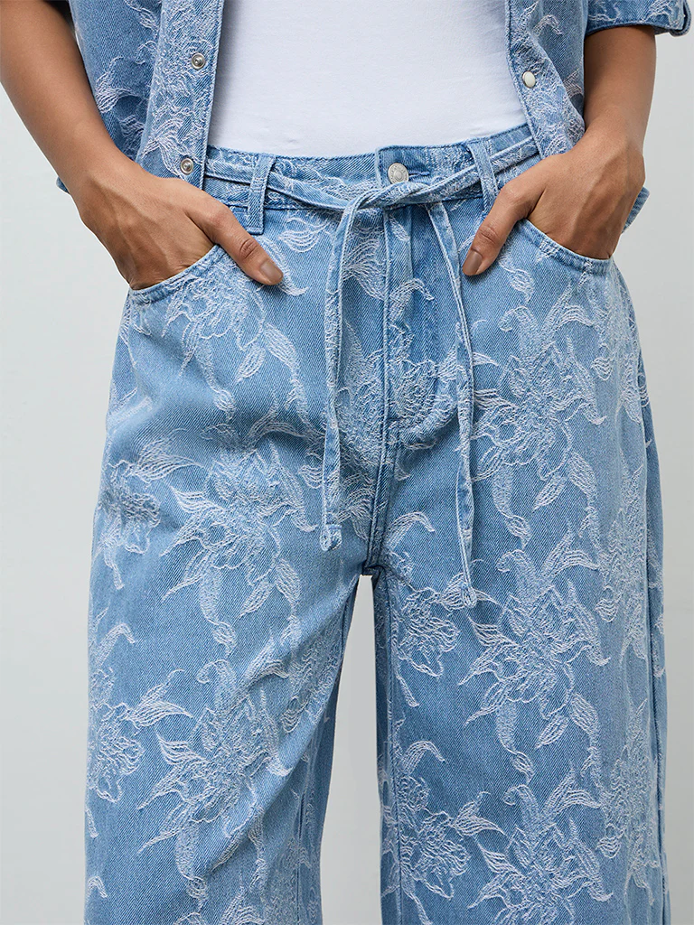 LOV Blue Floral Embroidered High-Rise Jeans with Belt - Image 3