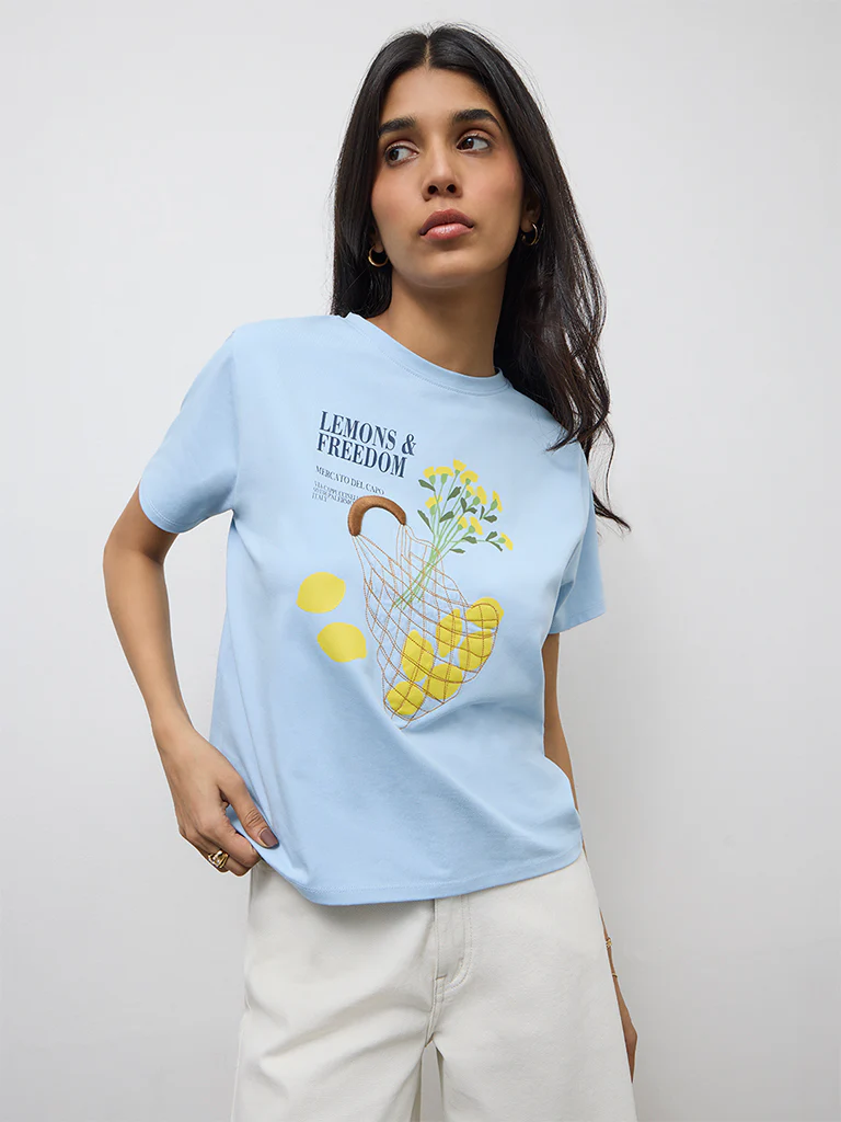 LOV Blue Graphic Design Cotton T-Shirt