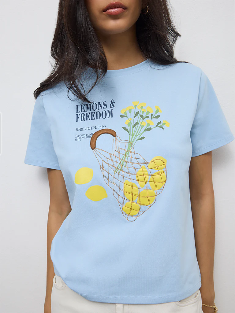 LOV Blue Graphic Design Cotton T-Shirt - Image 3