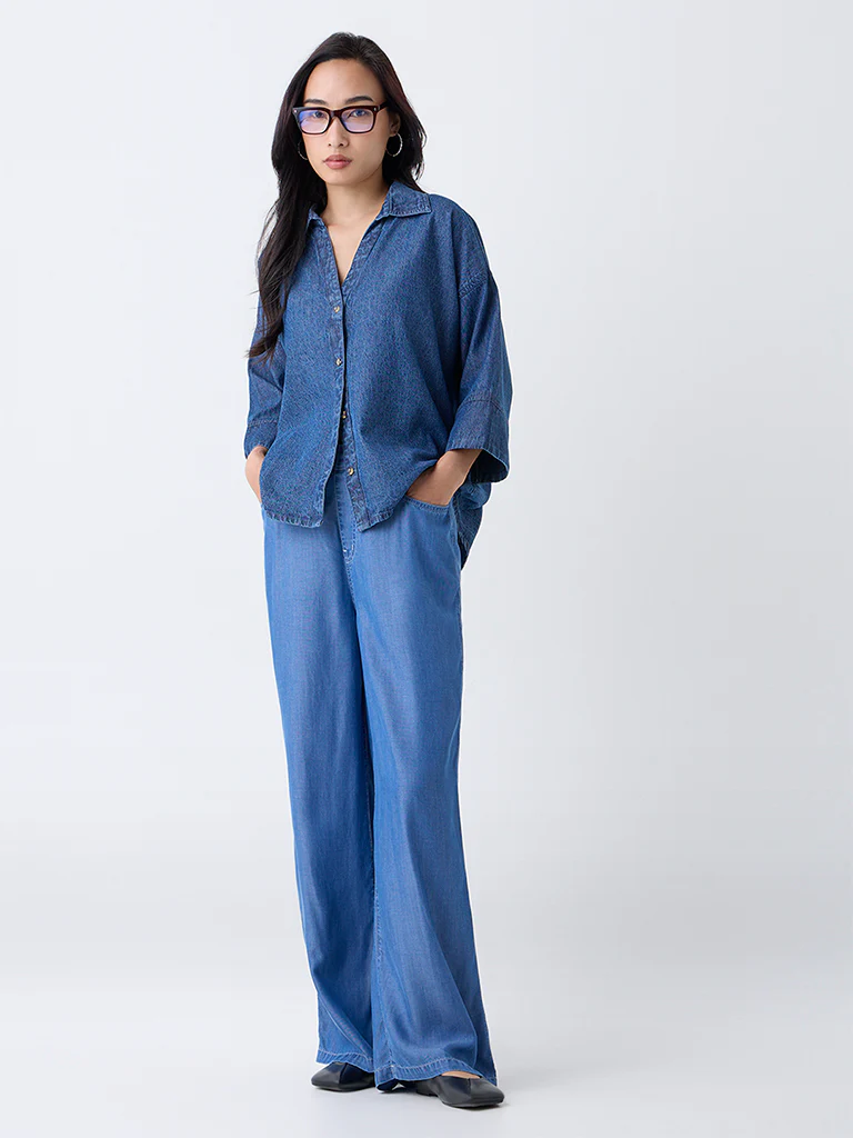 LOV Blue High-Low Denim Shirt - Image 2