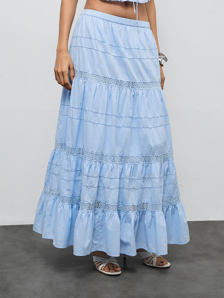 LOV Blue Lace Detailed High-Rise Cotton Tiered Skirt - Image 2