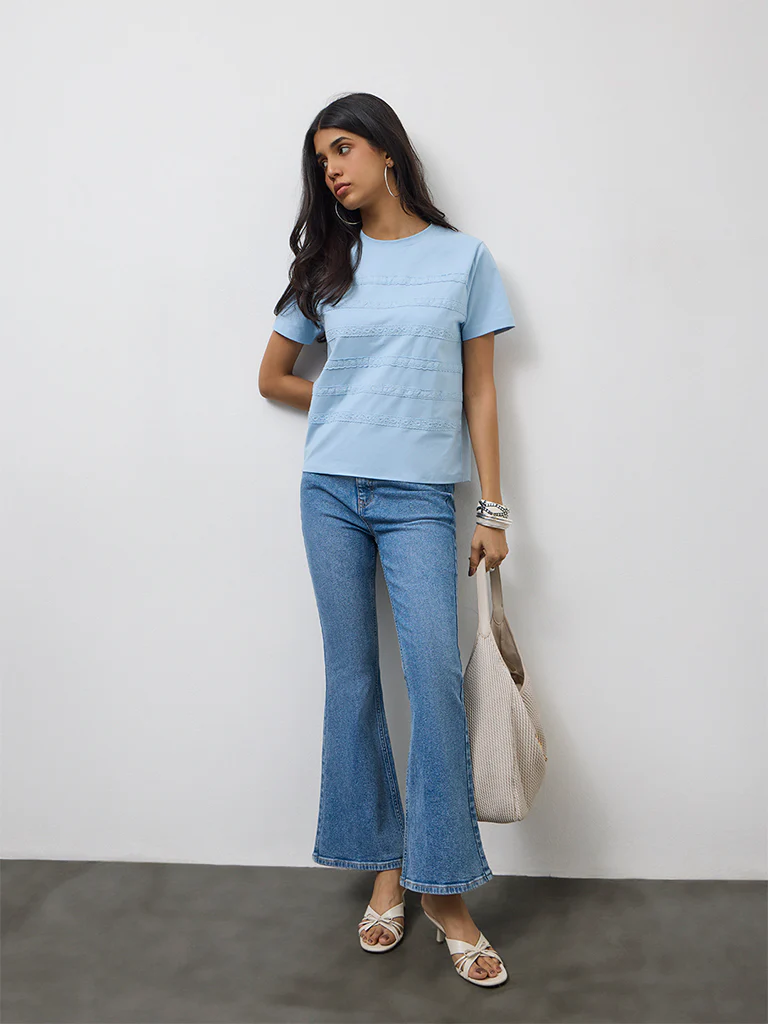 LOV Blue Lace Embroidered Cotton-Blend T-Shirt - Image 2