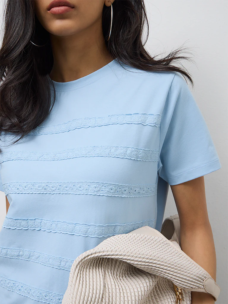LOV Blue Lace Embroidered Cotton-Blend T-Shirt - Image 3