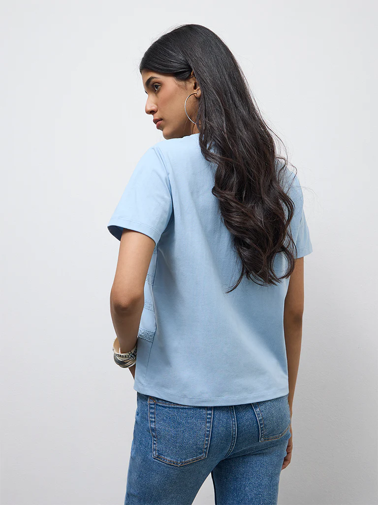 LOV Blue Lace Embroidered Cotton-Blend T-Shirt - Image 4