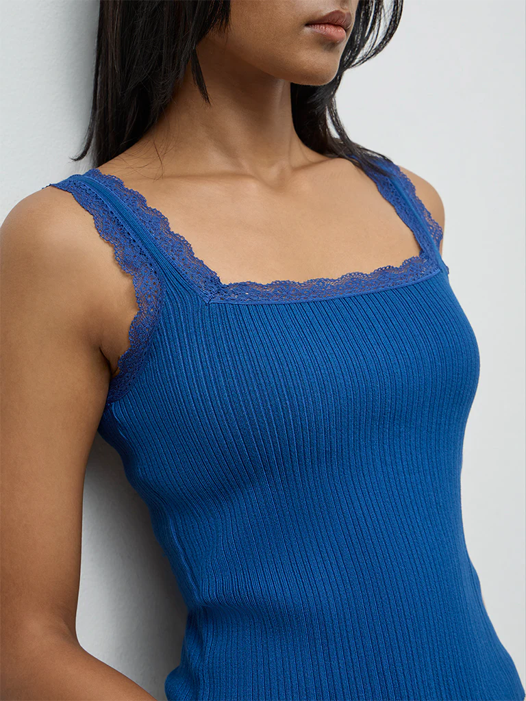 LOV Blue Ribbed Lace-Detailed Top - Image 3