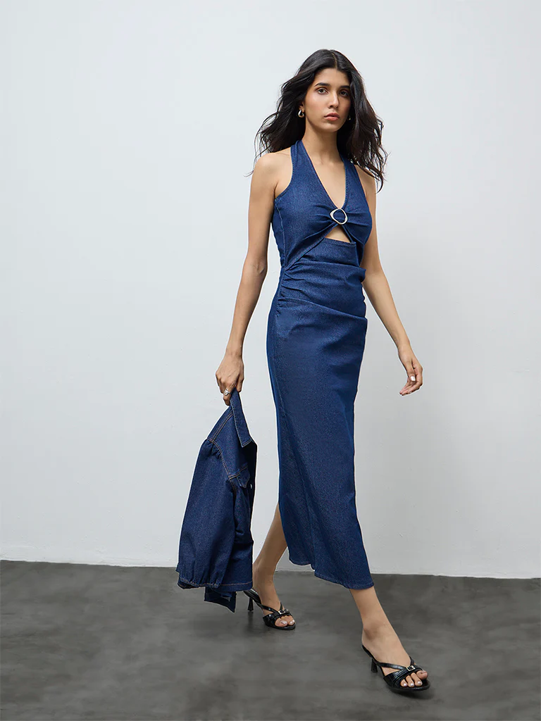 LOV Blue Ruched Detailed Denim Straight Dress