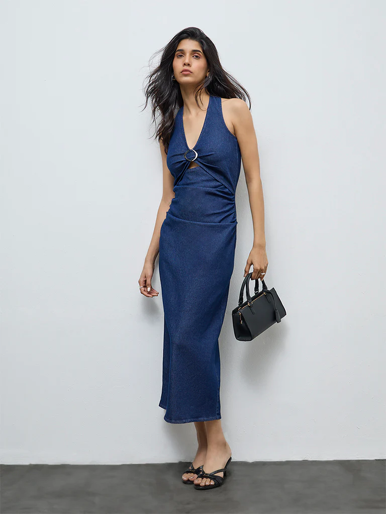 LOV Blue Ruched Detailed Denim Straight Dress - Image 2