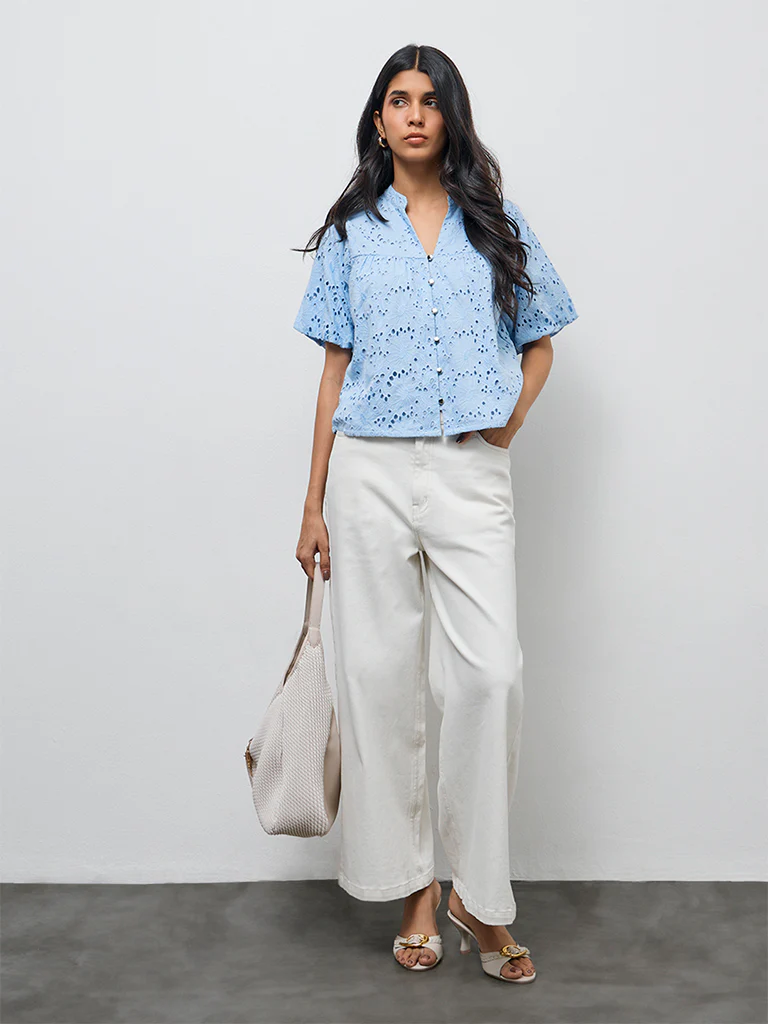 LOV Blue Schiffli Embroidered Cotton Blouse - Image 2