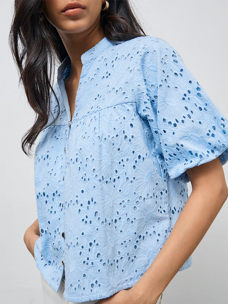 LOV Blue Schiffli Embroidered Cotton Blouse - Image 3