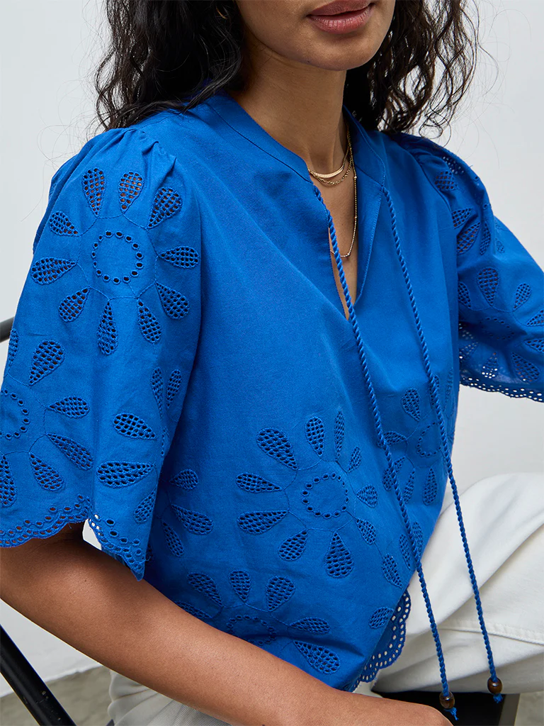 LOV Blue Schiffli Embroidered Cotton Top - Image 3