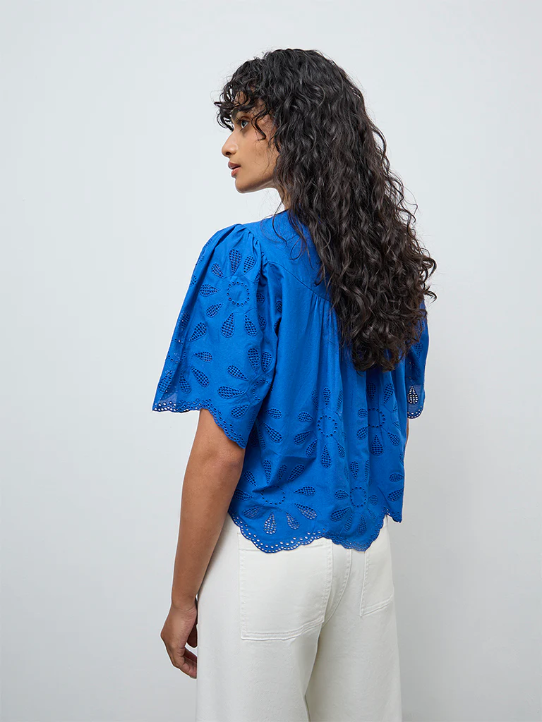 LOV Blue Schiffli Embroidered Cotton Top - Image 4