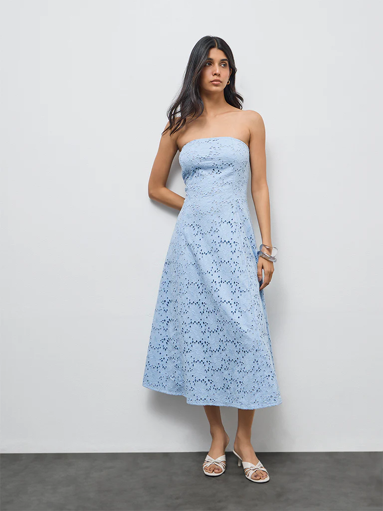 LOV Blue Schiffli Embroidered Off-Shoulder Cotton A-Line Dress