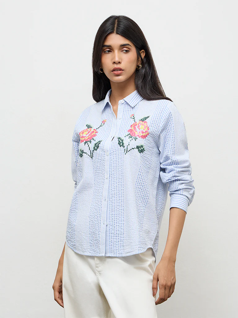 LOV Blue Seersucker-Textured Cotton Shirt