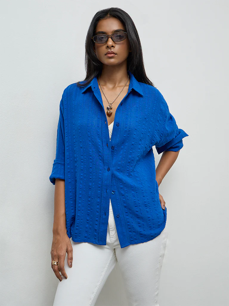 LOV Blue Seersucker-Textured Cotton Shirt