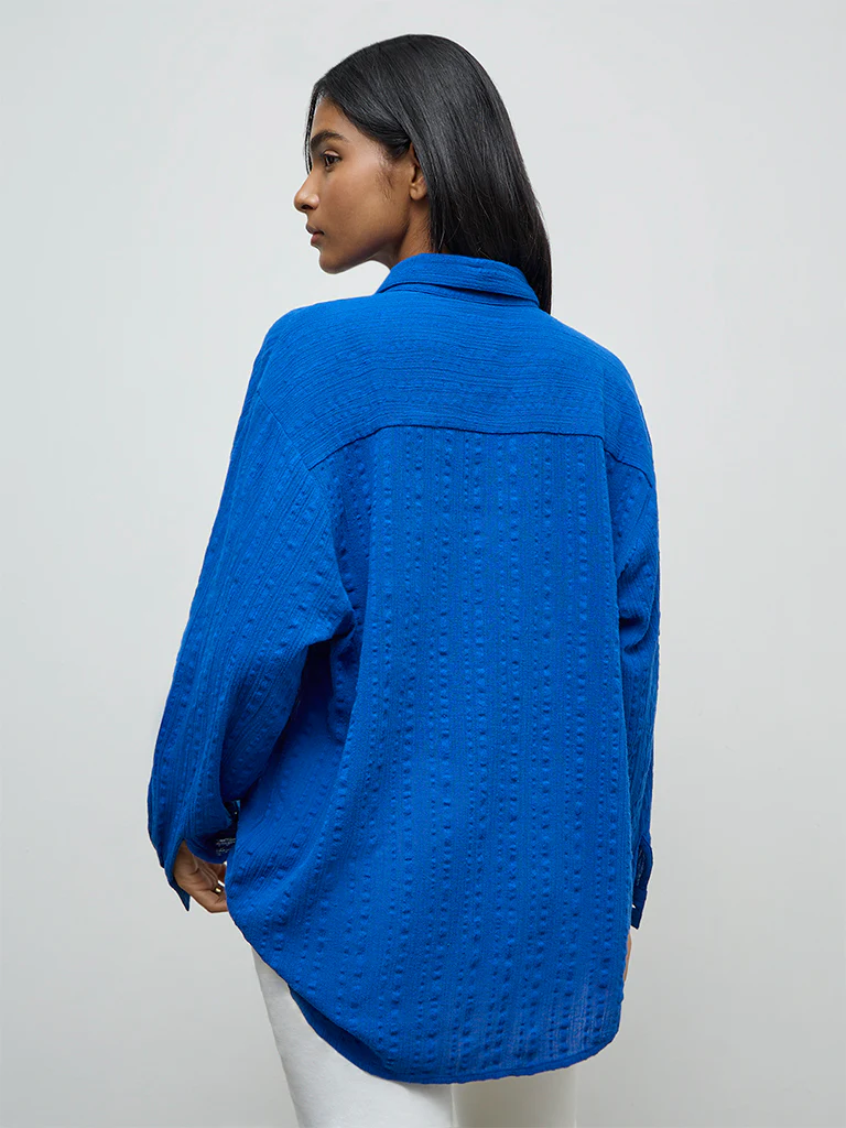 LOV Blue Seersucker-Textured Cotton Shirt - Image 4