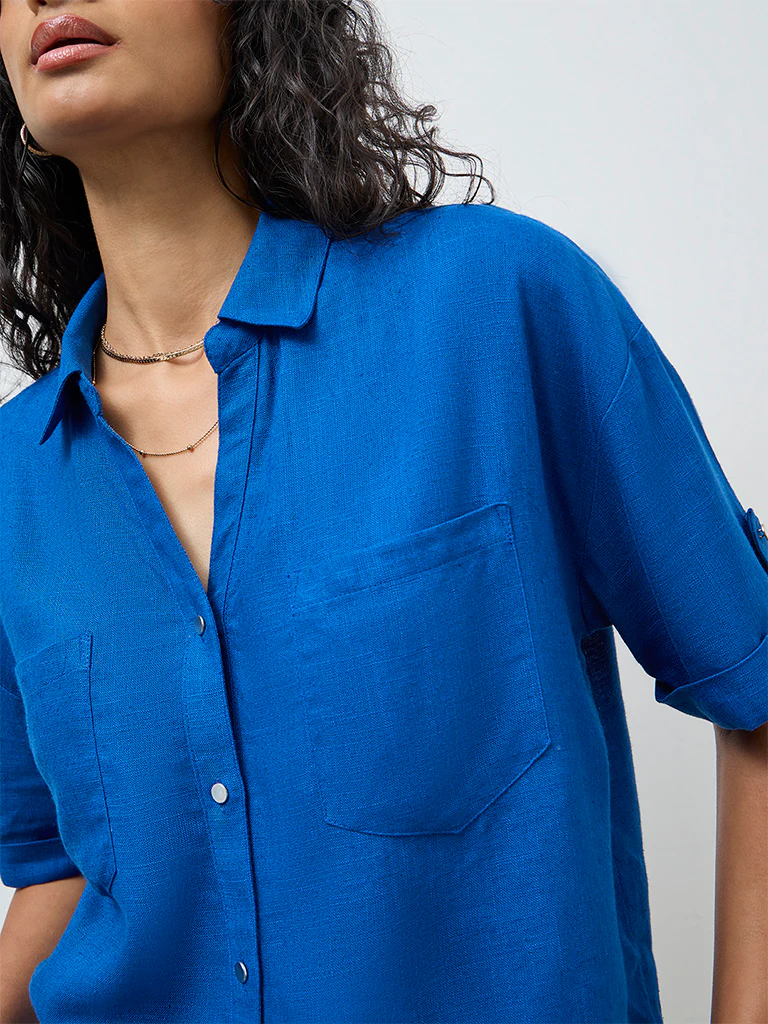 LOV Blue Solid Cotton-Blend Shirt - Image 3