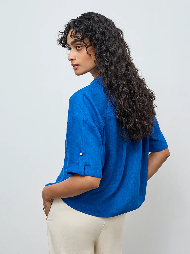 LOV Blue Solid Cotton-Blend Shirt - Image 4
