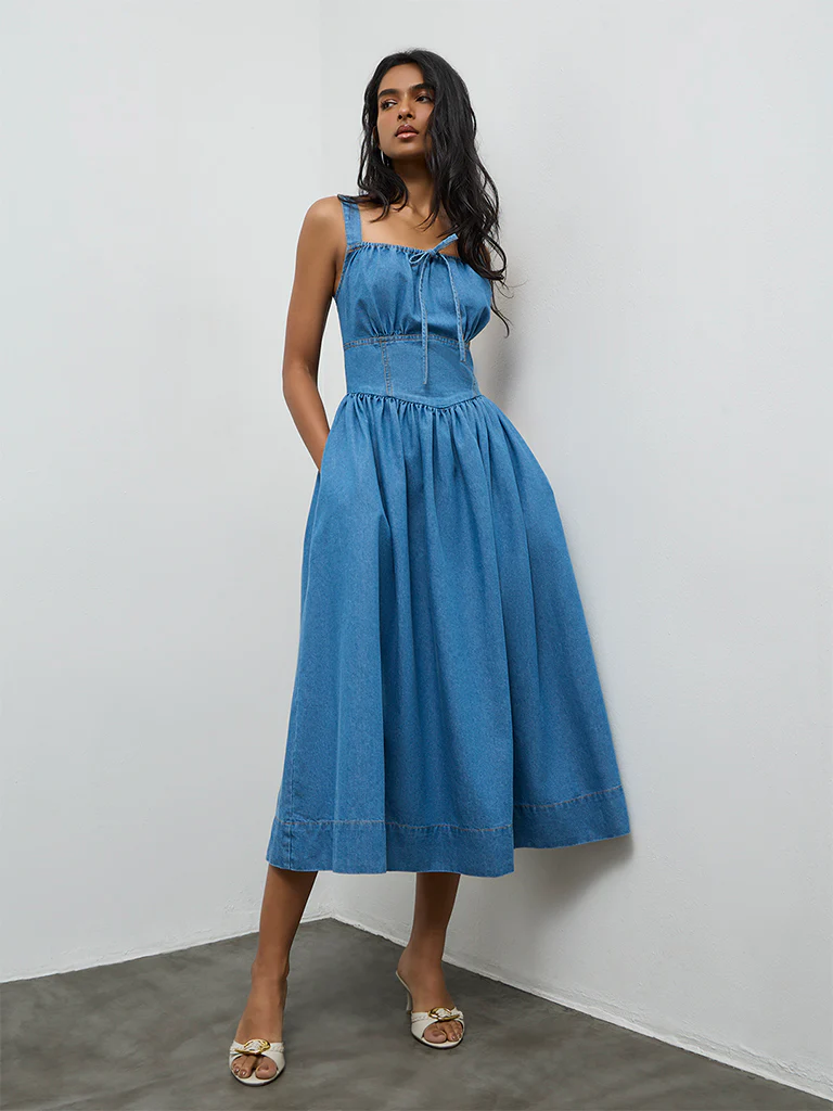 LOV Blue Solid Denim A-Line Dress - Image 2