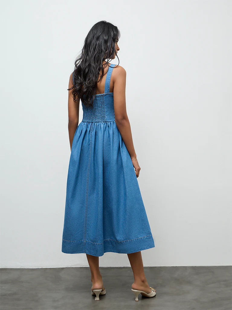 LOV Blue Solid Denim A-Line Dress - Image 4