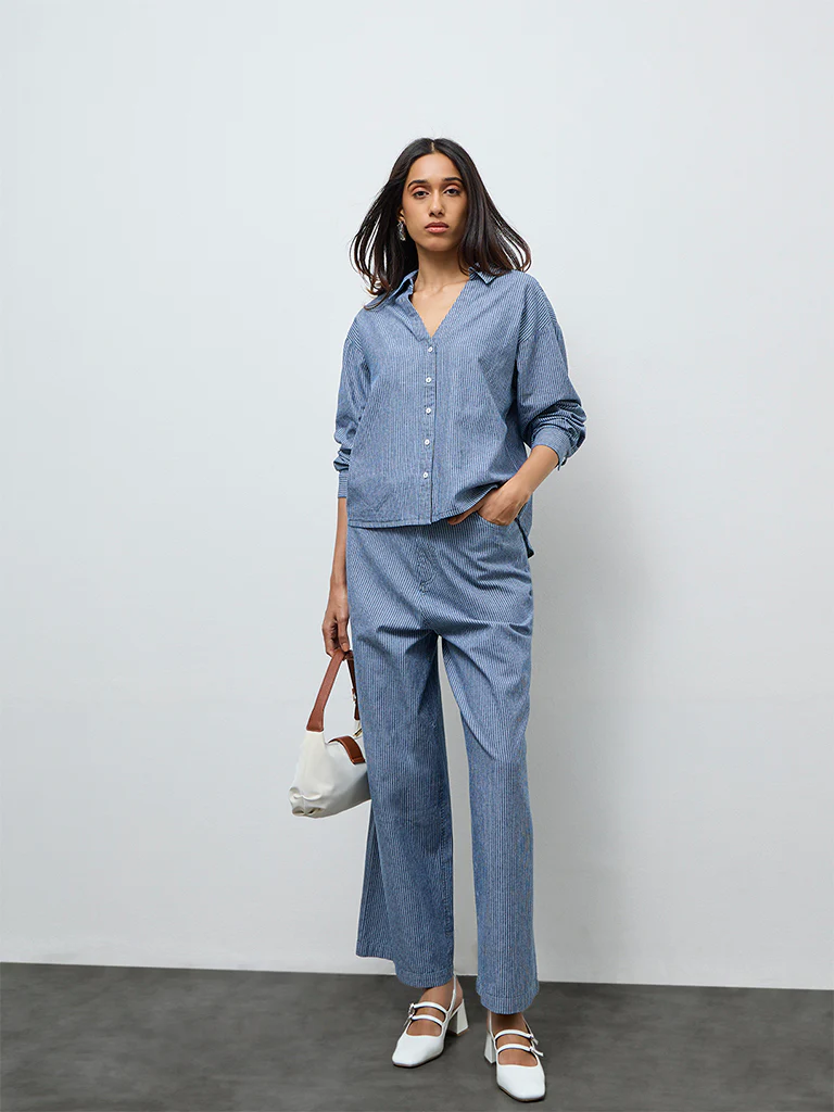 LOV Blue Striped High-Rise Cotton Trousers