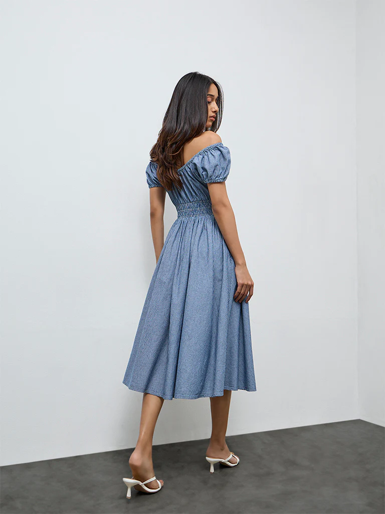 LOV Blue Striped Off-Shoulder Cotton Dress - Image 4