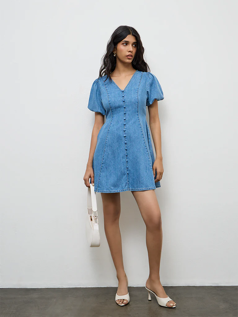 LOV Blue Washed Denim A-Line Dress