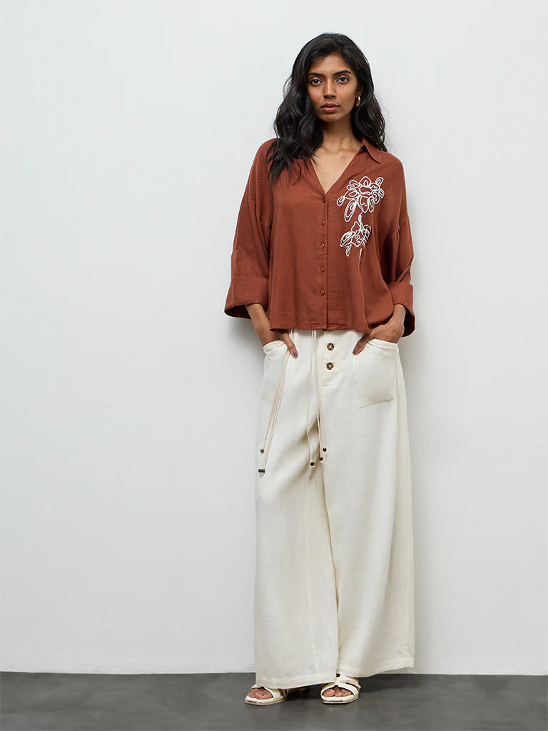 LOV Brown Floral Embroidered Blouse