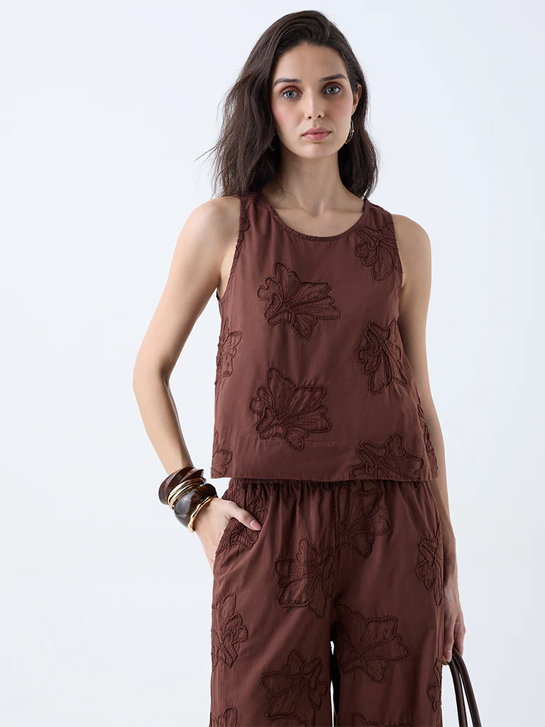 LOV Brown Floral Embroidered Top