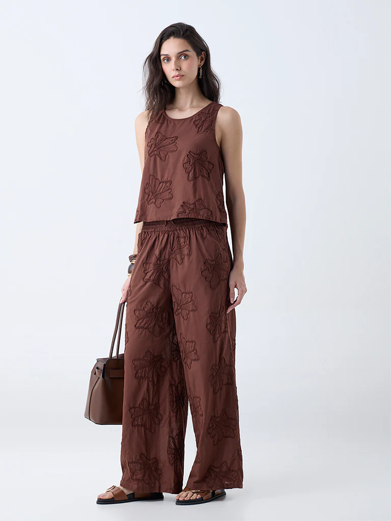 LOV Brown Floral Embroidered Top - Image 2