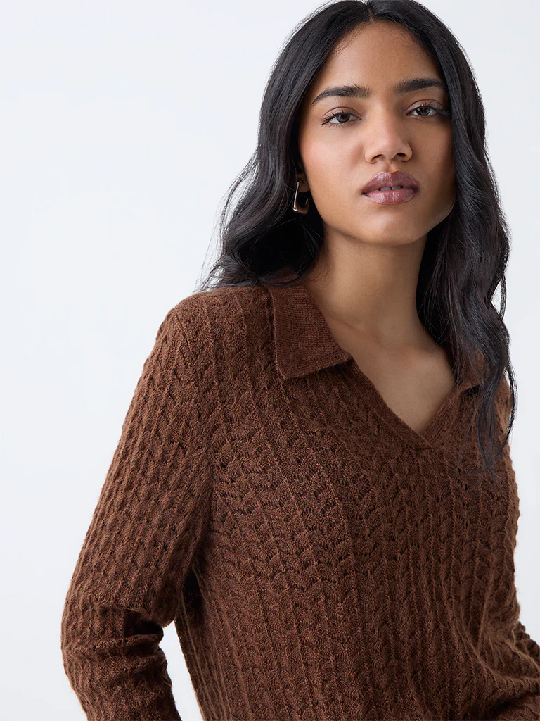 LOV Brown Knit-Textured Sweater - Image 3
