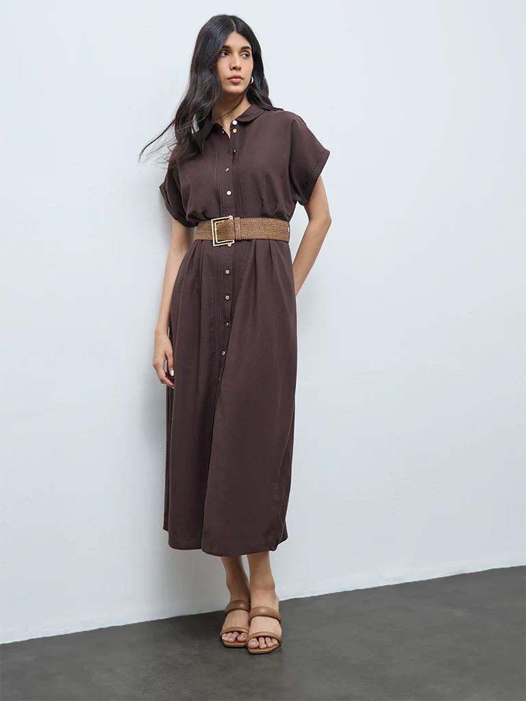 LOV Brown Pintuck Detailed Shirt Dress with Belt - Image 2