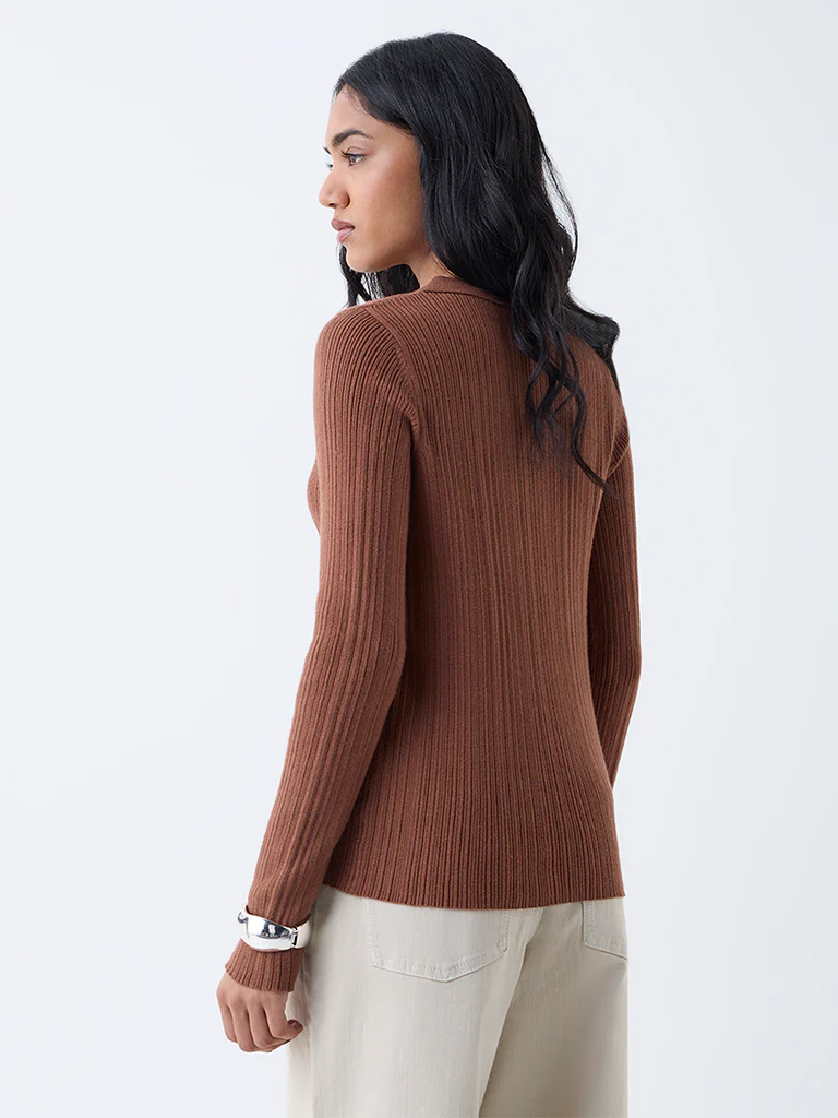 LOV Brown Ribbed-Textured Cardigan - Image 4