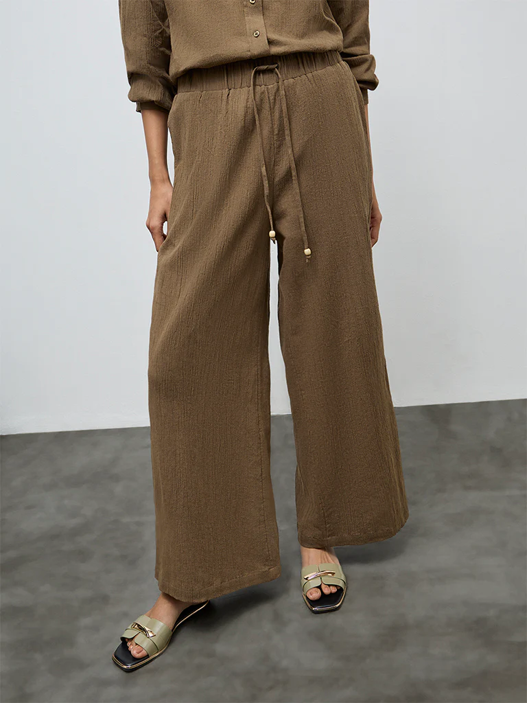 LOV Brown Self-Textured High-Rise Trousers - Image 2