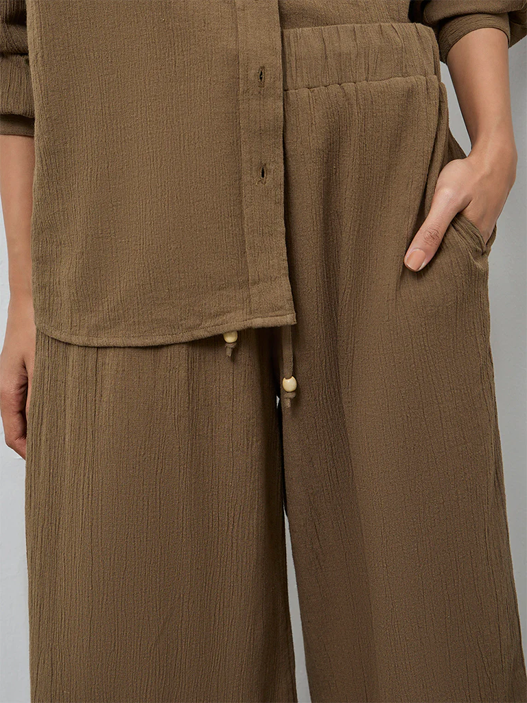 LOV Brown Self-Textured High-Rise Trousers - Image 3