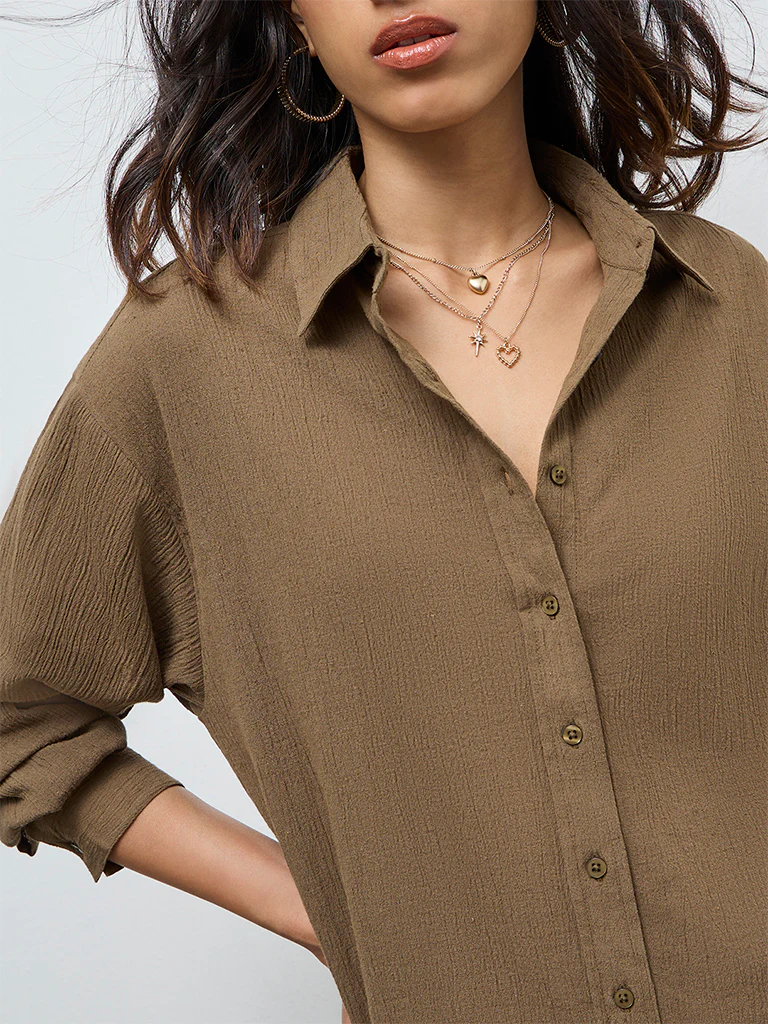 LOV Brown Self-Textured Shirt - Image 3