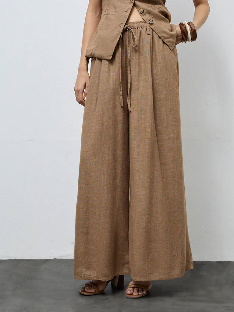 LOV Brown Solid High-Rise Cotton-Blend Pants - Image 2